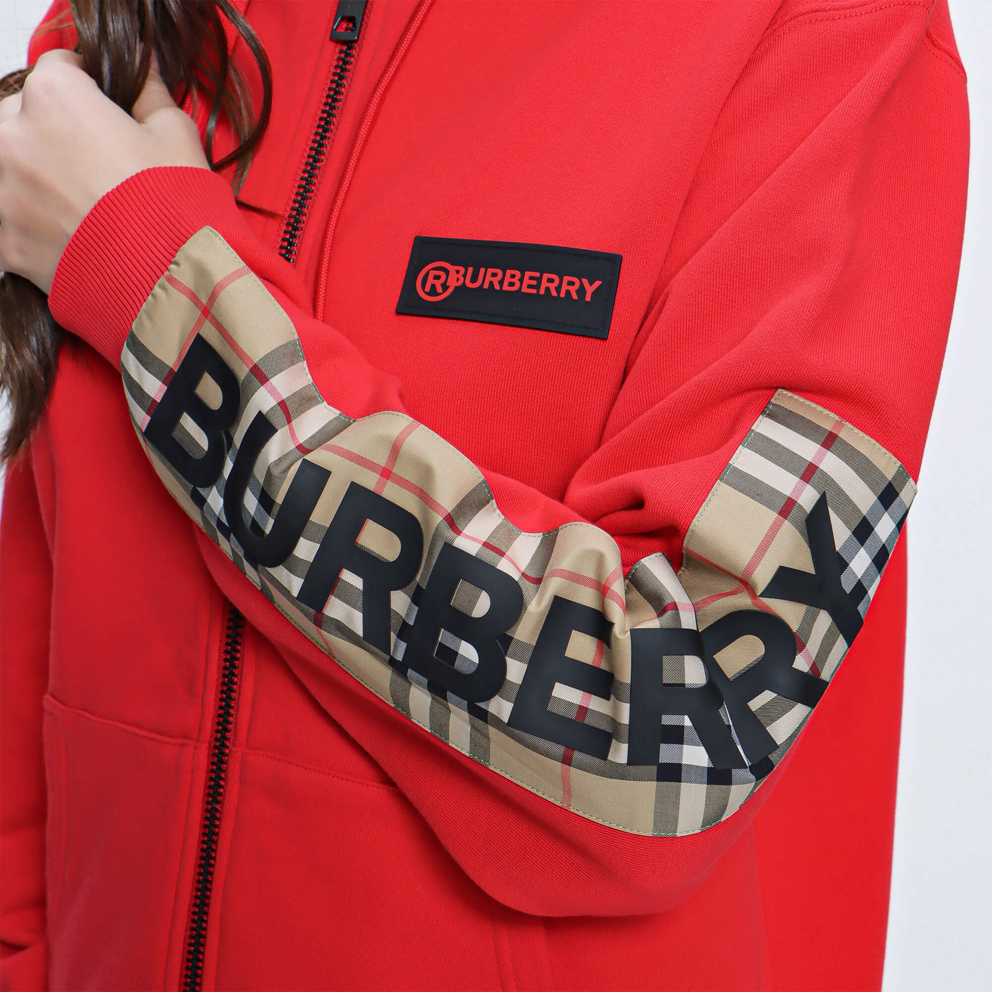 Burberry Red Aubree Logo Detail Check Zip Hoodie